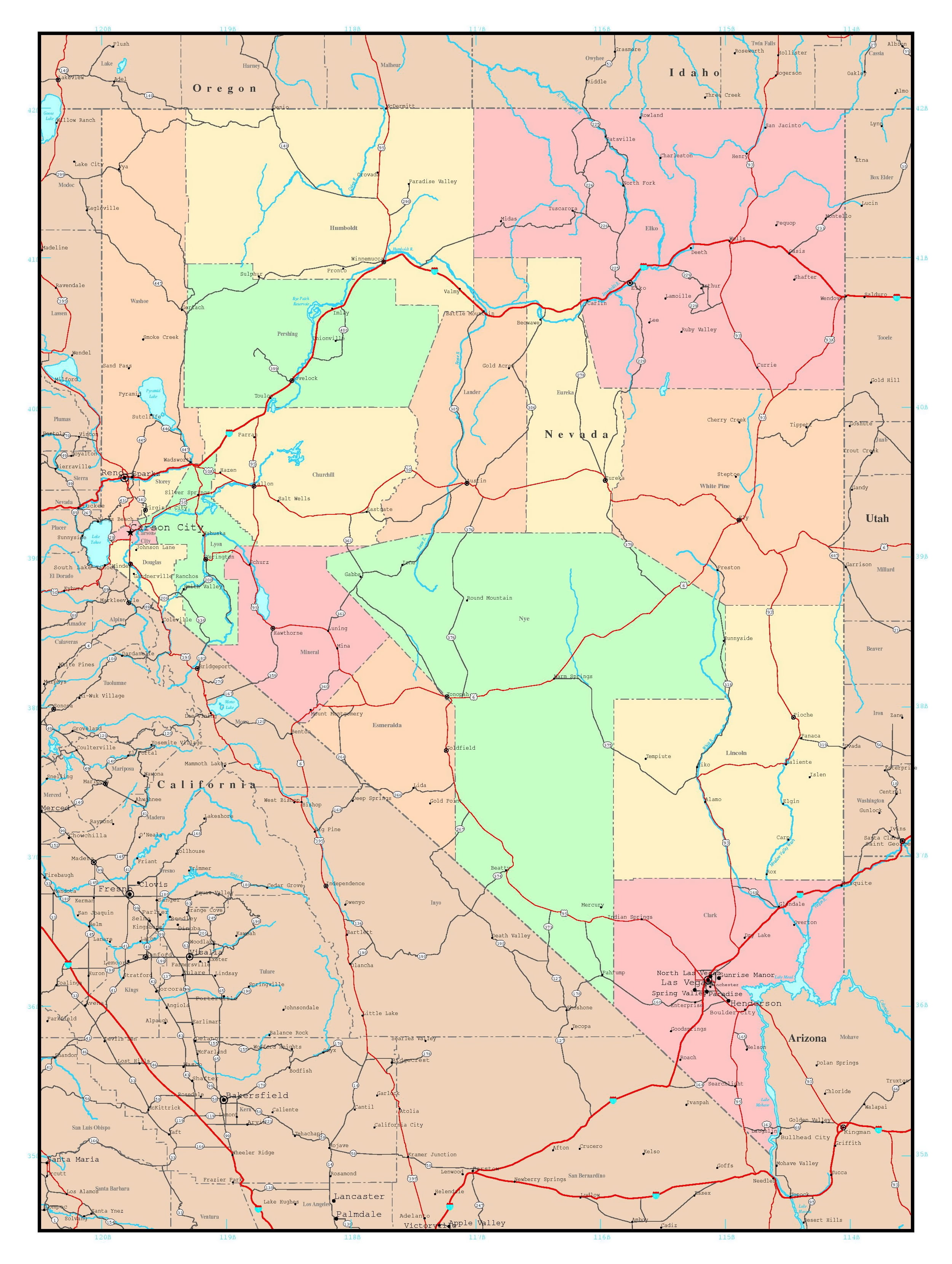 Laminated Map Large detailed administrative map of Nevada state with