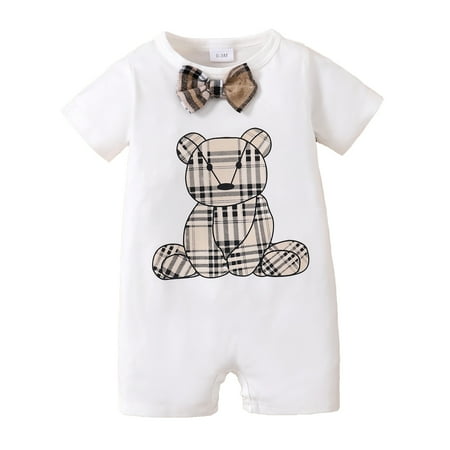 

KIMI BEAR Newborn Baby Boys Outfits 3 Months Newborn Boy Spring Summer Outfits 6 Months Newborn Boy Gentle Stylish Plaid Bear Prints Short Sleeve Jumpsuit Bodysuit White