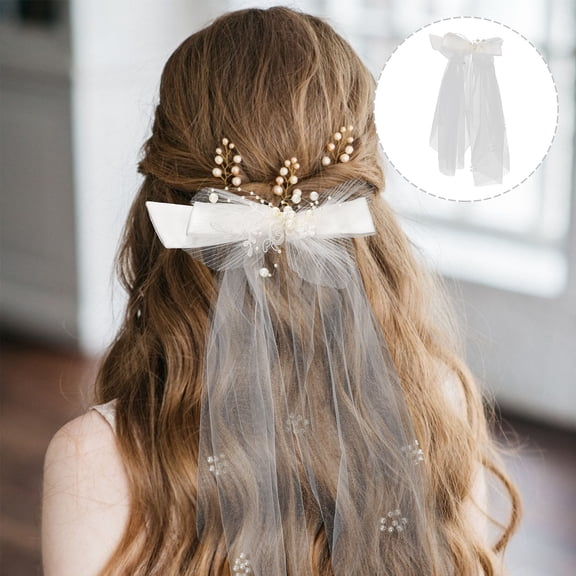 ibasenice hair bow veil Hair Bow Veil Pearl Hair Clip with Mesh for Photo Shootings 1Pack