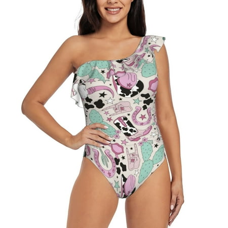 Sikiie West Cowgirl Disco Print Women One Piece Swimsuits Tummy Control One Shoulder Bathing Suits Ruffle Swimwear  From S to XXL-