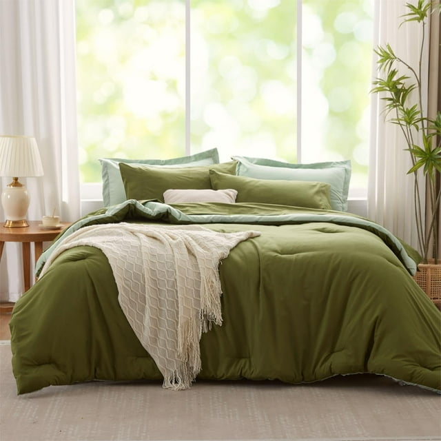 King Size Comforter Set 7 Pieces, Olive Green, Reversible Bedding Set, Soft Bed in a Bag King with Comforter, Sheets, Pillowcases & Shams, All Seasons Boho King Bed Set