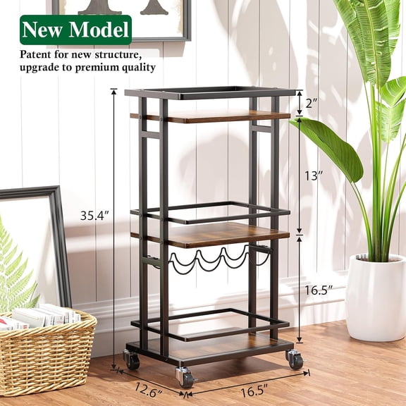 3-Tier Liquor Cabinet with Wine Rack, Mini Bar Cart for Home, Small Liquor Bar for Alcohol, Rolling Kitchen Serving Cart on Wheels, Wine Drink Cart for Party, Bar Stand for Small Space