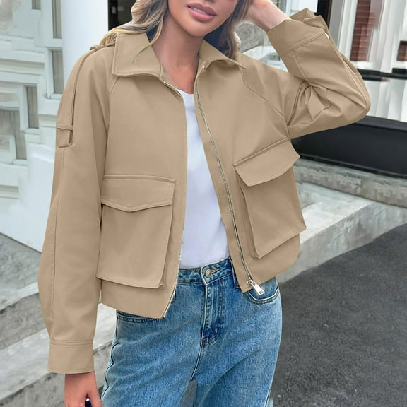 Abomasnow Women's Cropped Bomber Jackets Lightweight Zip Up Lapel Collar Long Sleeve Short Jacket with Pockets S-XL
