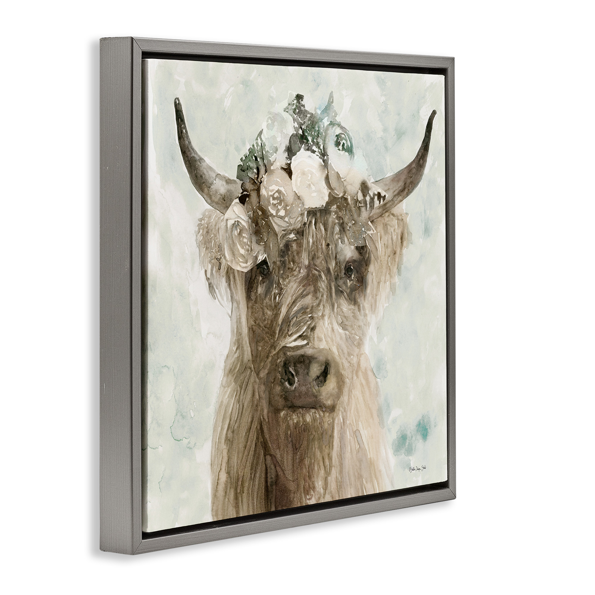Stupell Industries Soft Buffalo with Floral Crown Animals & Insects Painting Gray Floater Framed Canvas Art Print Wall Art, 18 x 18