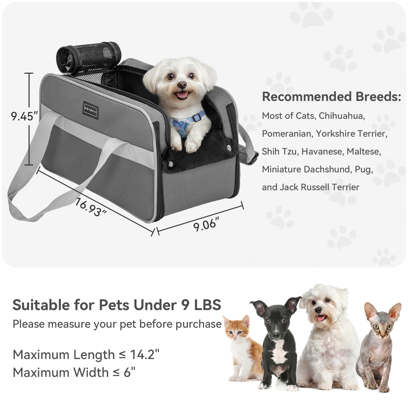 PETSFIT Multipurpose Center Console Dog Car Seat, Airline Approved Dog Car Carrier with Safety Tether and Pockets, Portable Cat Car Seat, Dog Car Seats for Small Dogs, Cats Up to 9 LBS (Deep Grey)
