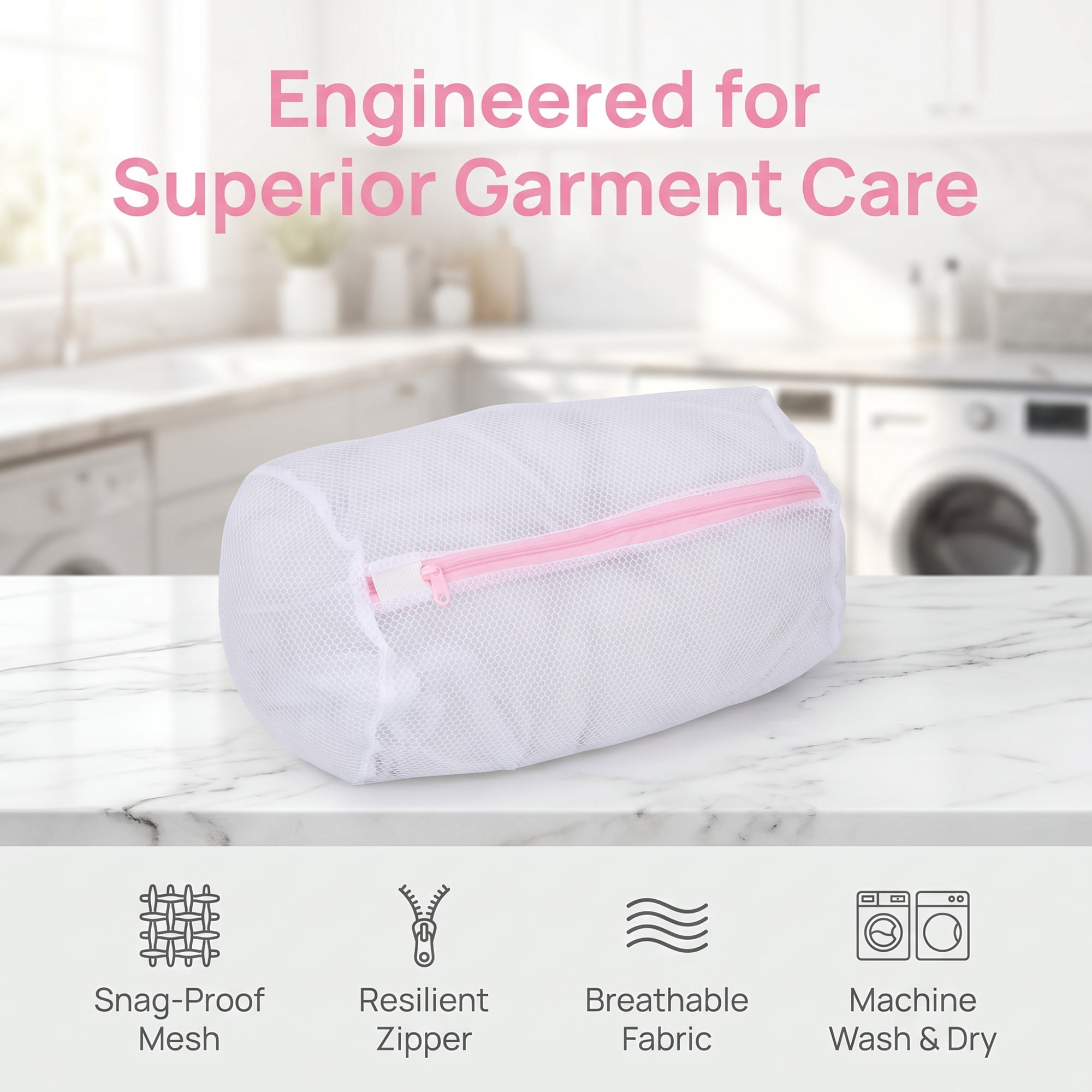 Unique Bargains 3Pcs Durable Mesh Zipper Closure Laundry Bags White-Pink B 7.9" x 11.8"