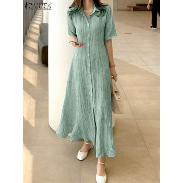 ZANZEA Female Summer Elegant Sundress Stripe Printed Women Dress Short Sleeve Robe Fashion Lapel Neck Casual Office VestidosXL Gao Jinjia LED