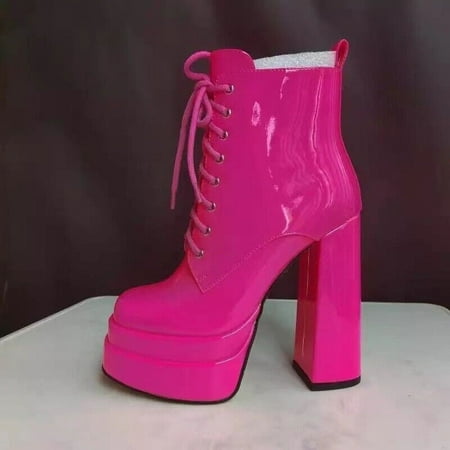 

Women Platform Ankle Boots Square Toe Patent Leather High Chunky Heels Shoes
