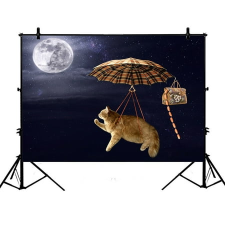 Funny Backgrounds PHFZK 7x5ft Night Sky Backdrops, Brave Funny Cat Flying on Umbrella Photography Backdrops Polyester Photo Background Studio Props ()