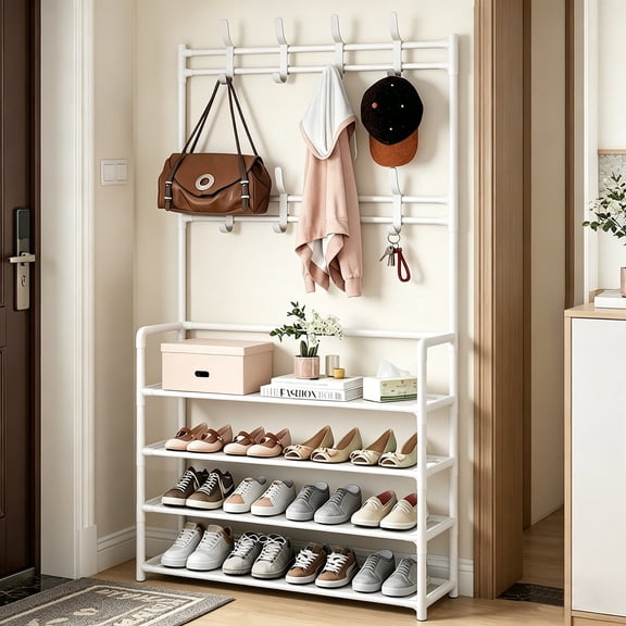 NUBILY 4 Tier Coat Rack with Shoe Storage Shelf Freestanding with 8 Removable Hooks for Entryway Bedroom Closet Modern Style Coat Tree,White