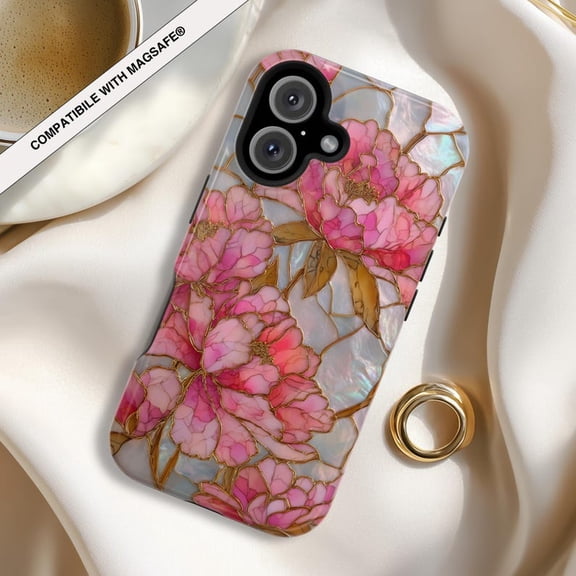 Pink Peony Tough Phone Case | Stained Glass PRINTED Magnetic Impact-Resistant Case