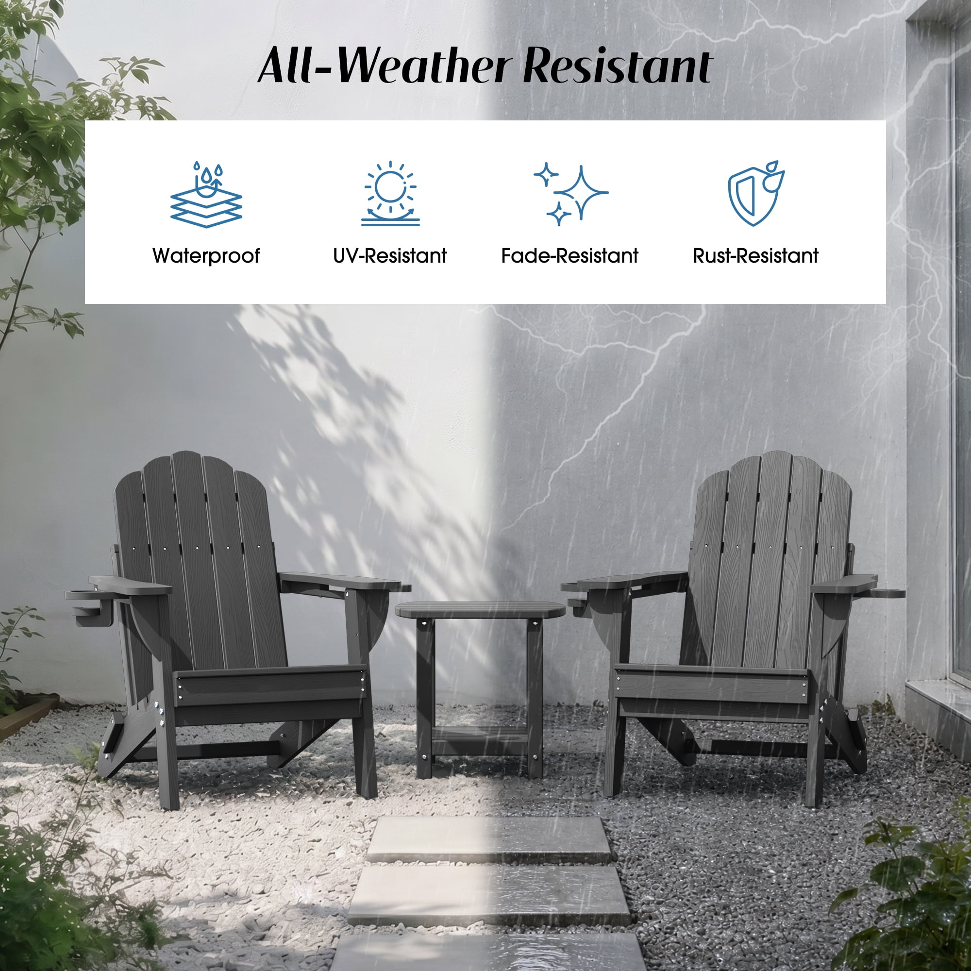 Folding Adirondack Chairs Set of 2, HDPE Plastic Fire Pit Chairs, Gray