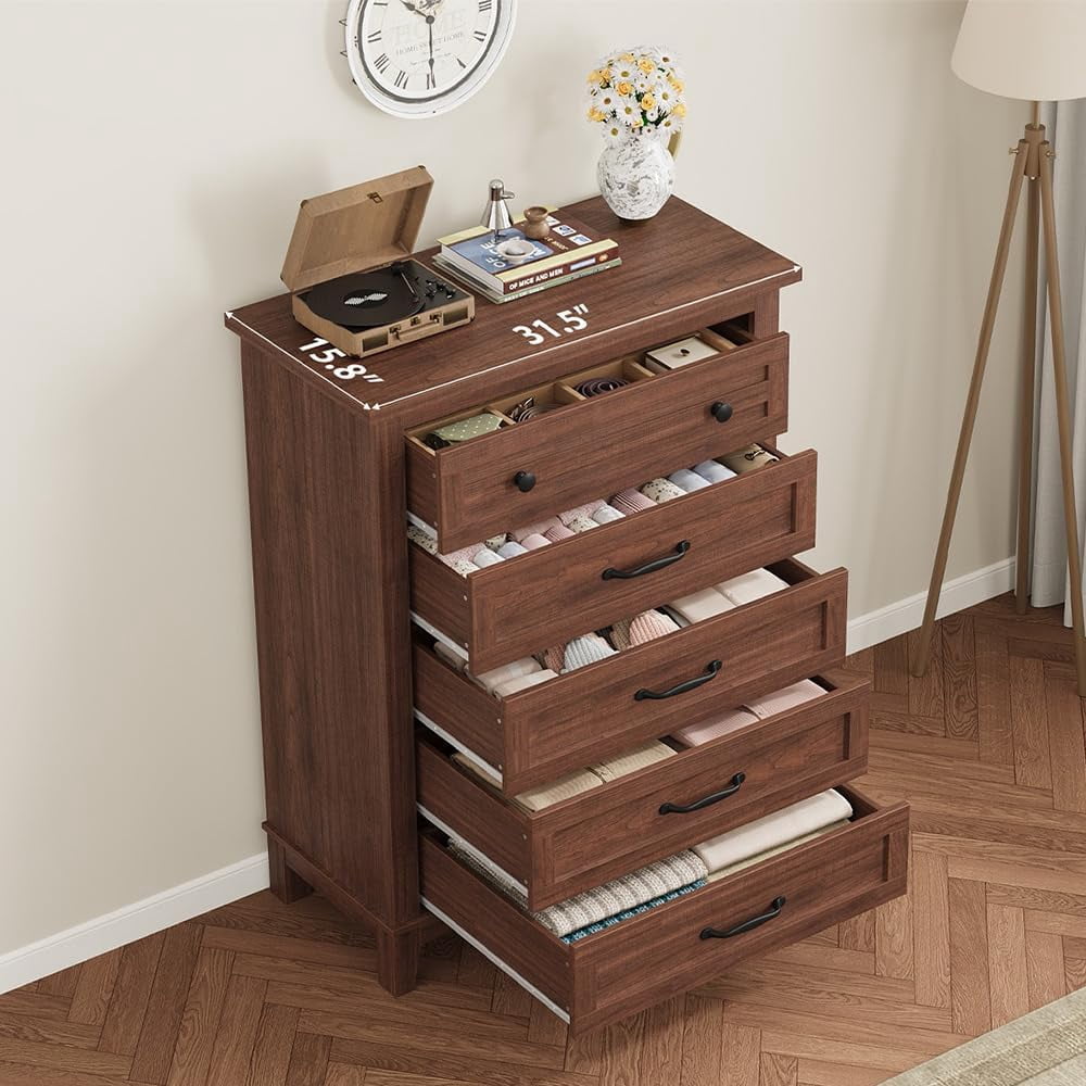 QinaQin 5 Dresser for Bedroom,Vertical Drawer Dresser with Large Storage,Freestanding Wooden Closet Chest for Bedroom,Living Room,Brown