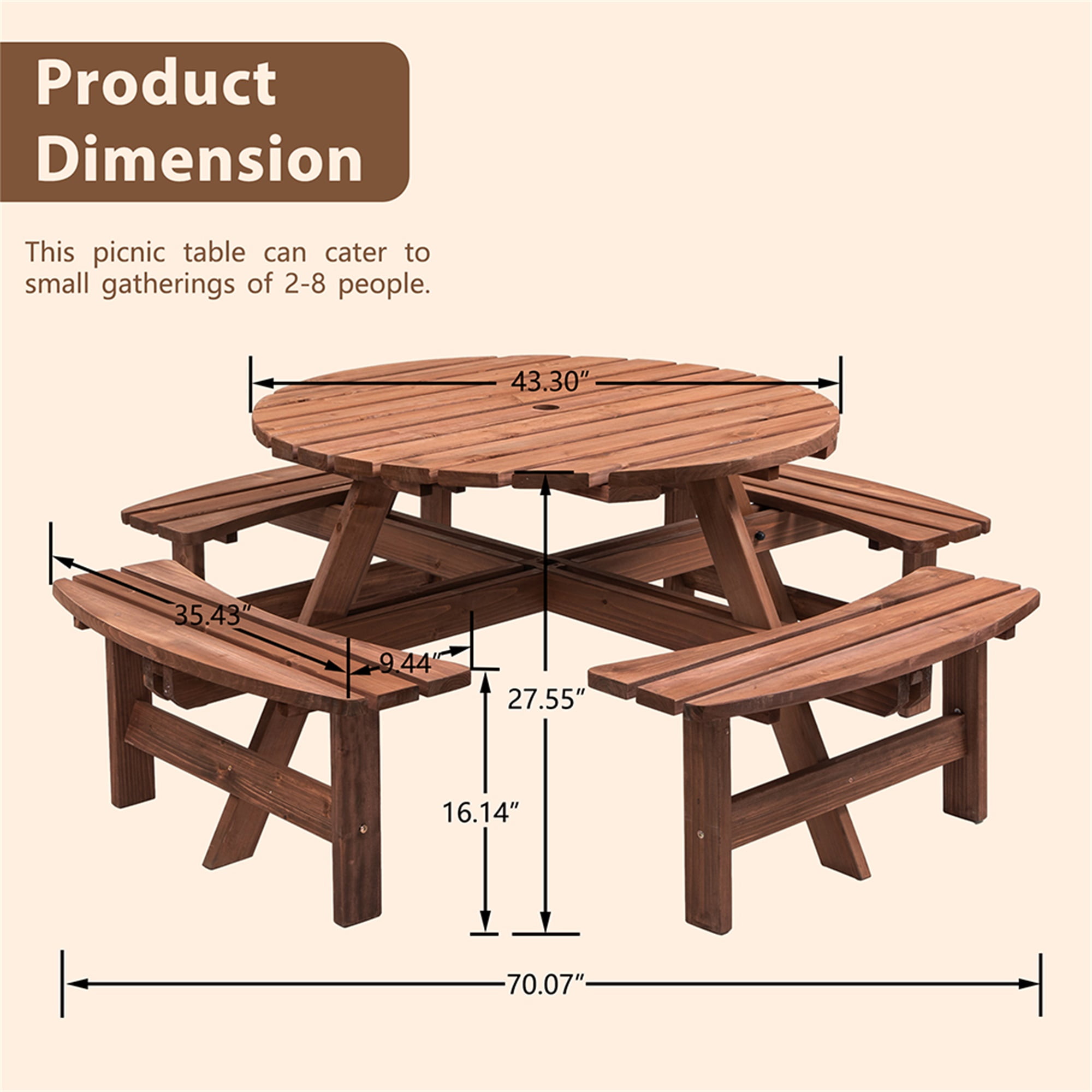 Aimee Lii 8-Person Outdoor Circular Wooden Picnic Table with 4 Built-in Benches for Patio Backyard Garden, Brown Aimee Lii 8-Person Outdoor Circular Wooden Picnic Table with 4 Built-in Benches for Patio Backyard Garden, Brown