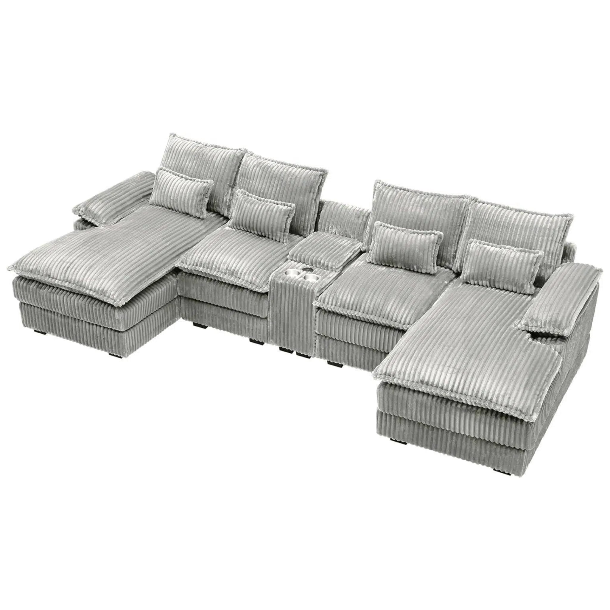 Aisword 124" U Shaped Cloud Couch Sectional with USB Charging, Hidden Storage, Cup Holders & Chenille Double Chaise, Light Grey