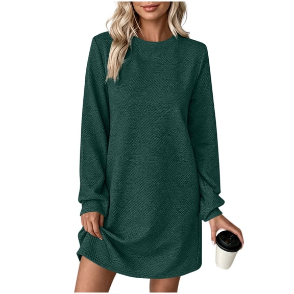 Ygbgbb Women's Solid Textured Long Sleeve Crew Neck Short Dress, Loose Fit Casual Tunic Dress for Daily Wear and Outdoor Activities Green S