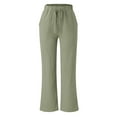 thumbnail image 3 of Wide Leg Pants Woman Solid Color Strapped Pockets Loose Straight Linen Trouser Green Running Lounge Pant L, 3 of 5