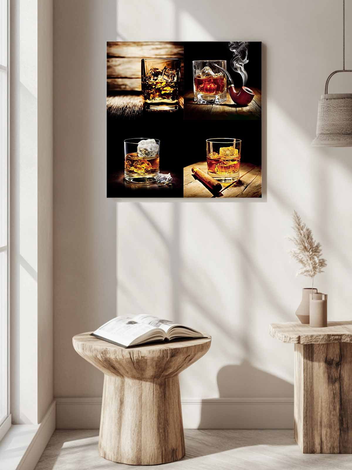 Whisky Glass Canvas Wall Art, Wine Cigars Old Wood Grain Ice Cubes Framed Wall Decor Modern Artwork Prints Painting for Living Room, Bedroom, Kitchen & Cafe Decor 28x28 Inch