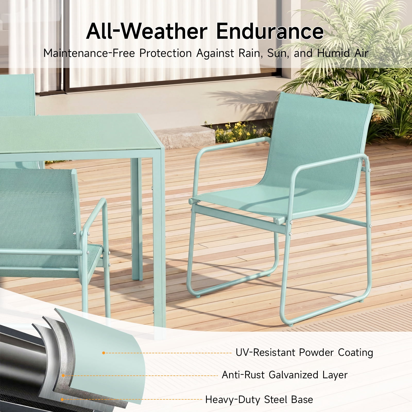 Vitarpatio 7 Piece Outdoor Patio Dining Set with 6 Textilene Chairs and Glass Rectangular Table, Modern Outdoor Furniture Set Patio Table and Chairs Set for 6 Persons, Mint Green