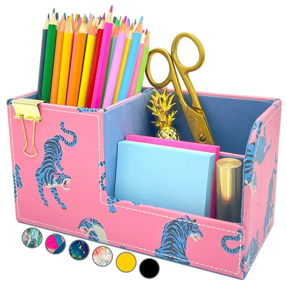 French KOKO Small PU Leather Desk Organizer Cute Office Pen Holder Tiger Roar