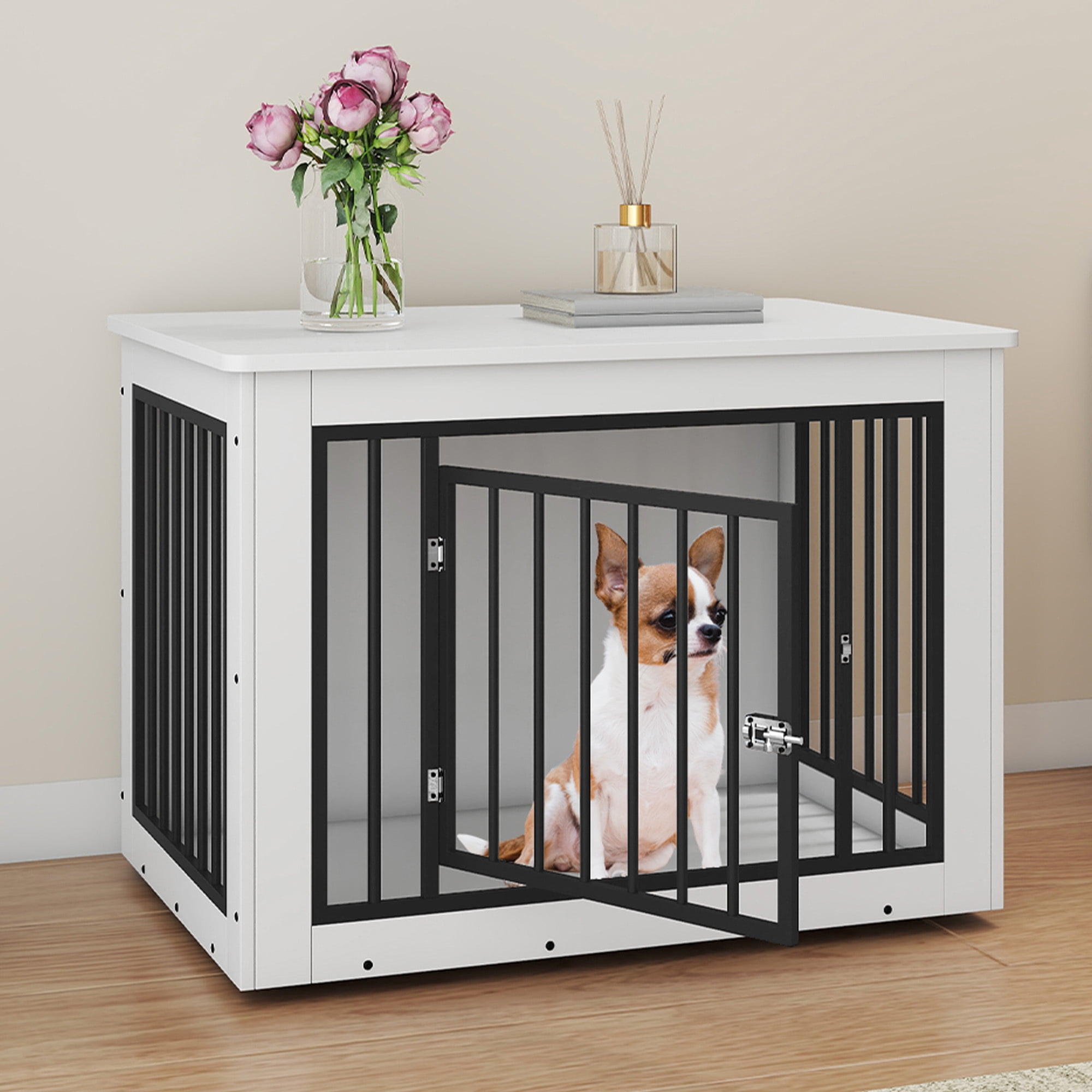 Uforic 38 Inch Wooden Dog Crate Table, Waterproof Top & Safe Round Edge, Multi-Purpose End Table Dog House for Medium Dogs, White