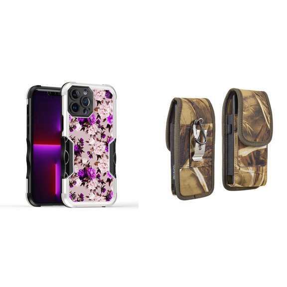 Case and Pouch Bundle for iPhone 14: Heavy Duty Armor Rugged Case (Purple Pink Flowers) and Vertical Rugged Nylon Belt Holster (Camo)