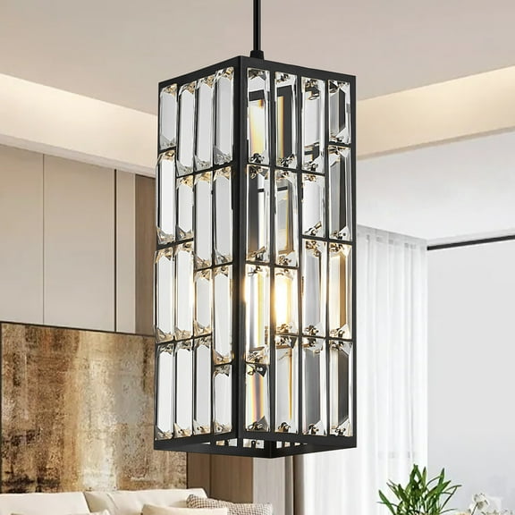 Deyidn Adjustable Crystal Pendant Light, 5.3 Inch Modern Chandelier with Black Finish for Dining Room, Entryway, Kitchen Island