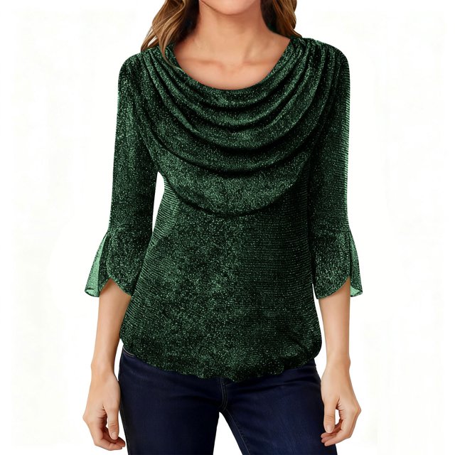 Ounisa Blouses for Women Dressy Casual 3/4 Sleeve Cowl Neck Sparkly Tops Cocktail Shirts for Evening Party
