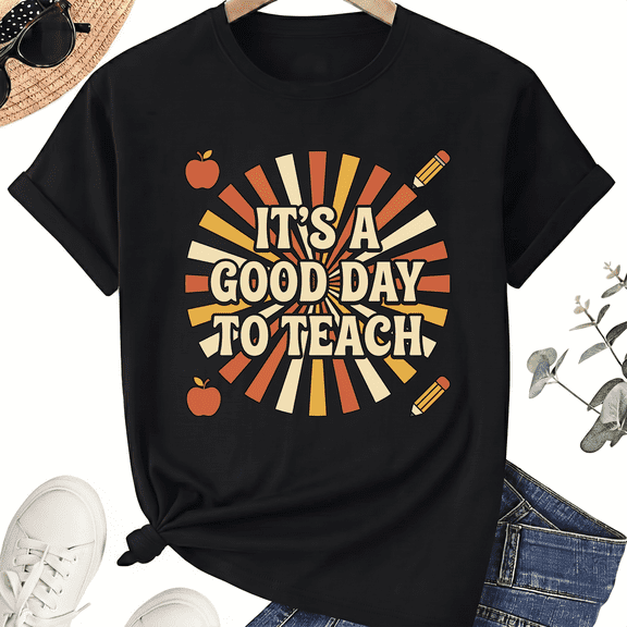 Positive Classroom Day Teacher T-Shirt for Women, 100% Cotton Crew Neck Short Sleeve Shirt, Retro Sunburst School Graphic