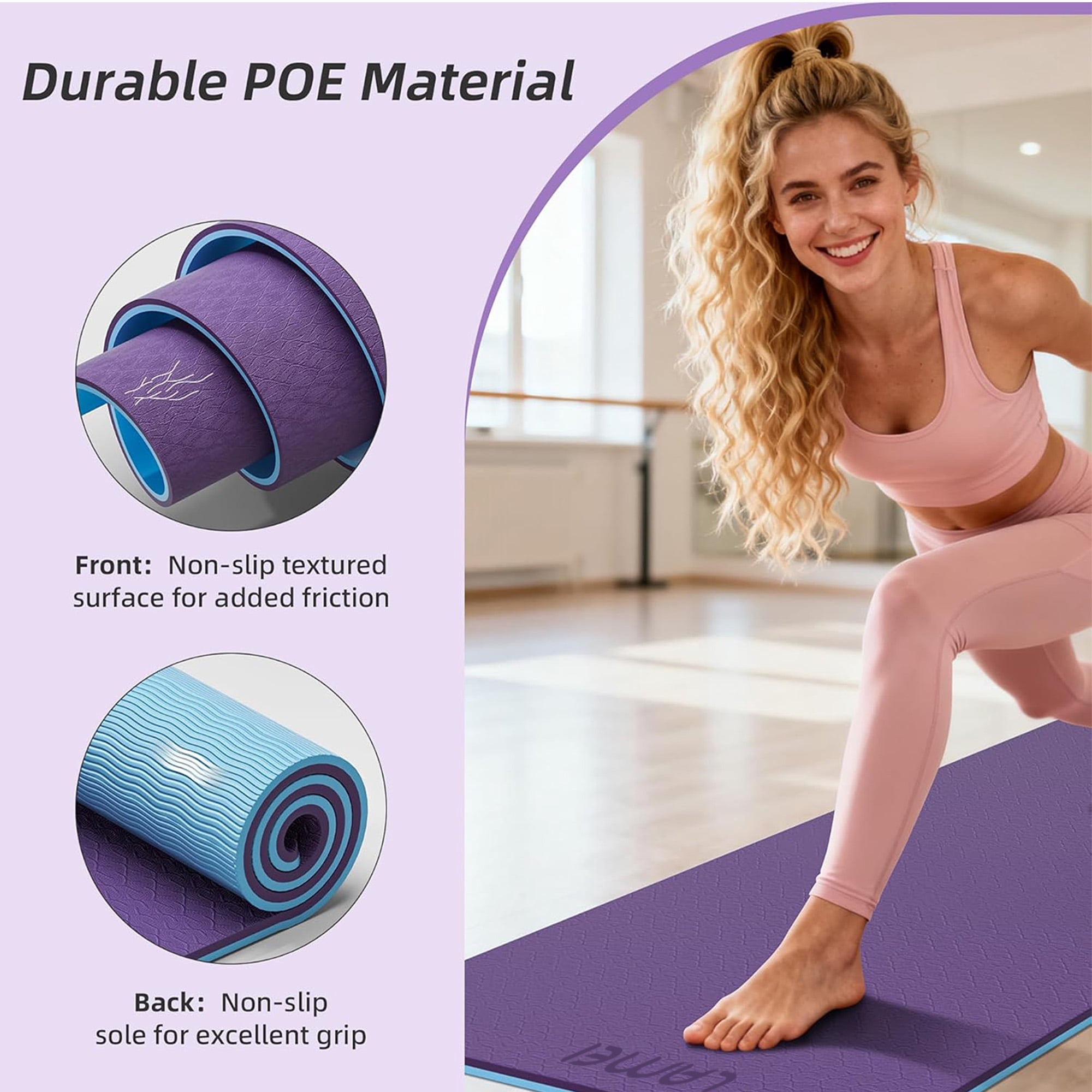 LAMEI Yoga Mat Thick 10mm, 31.5" Extra Wide for Men and Women, Non-Slip TPE Exercise Matt, Two Tone Fitness Mats with Straps for Carrying(Purple+Blue)