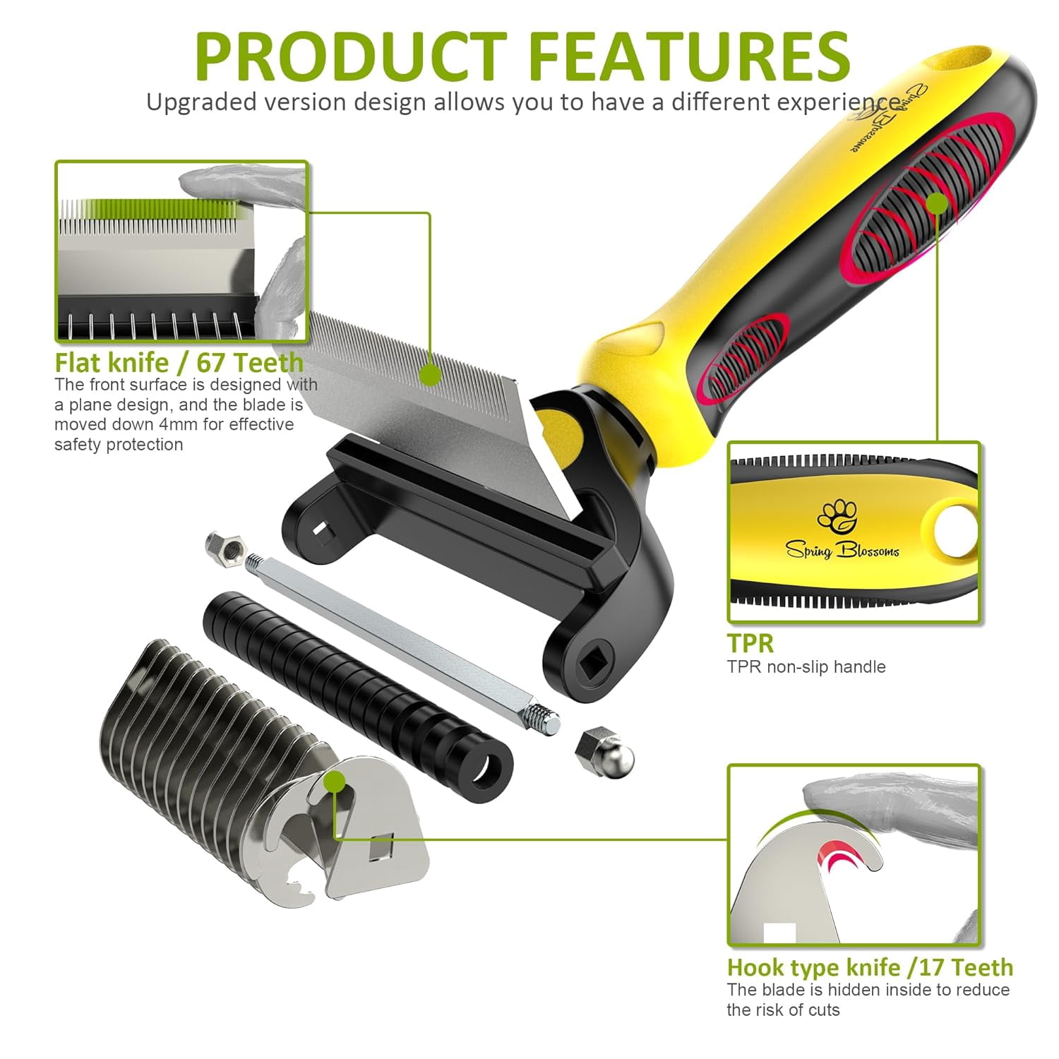 Spring Blossoms-2 in 1 Professional Grooming Rake for Cats & Dogs-Dematting Comb for Easy Mats & Tangles Removing,Hair Removal Cleaner for Pets