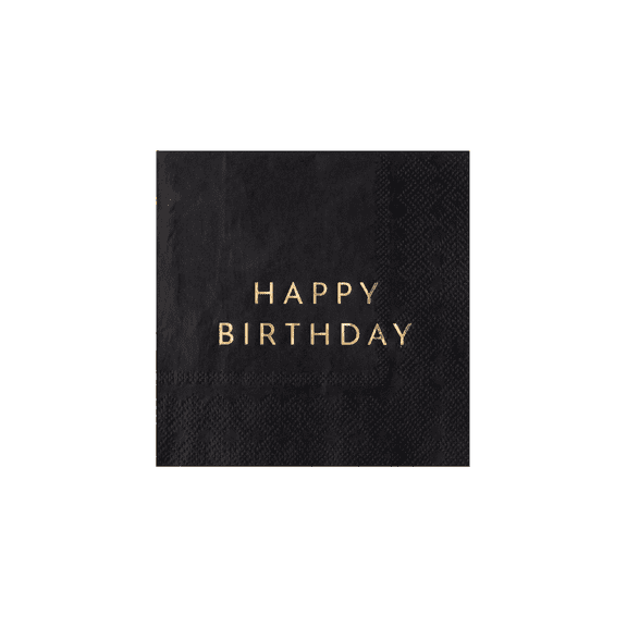 Bonjour Fête Black and Gold HBD Cocktail Paper Napkins, Disposable Party Supplies, 20 Count, Small, Beverage Size, Birthday party