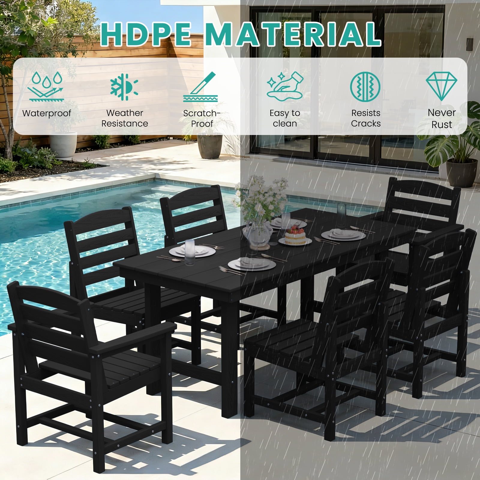 LOYALICE 7 PC Outdoor Patio Furniture Set, Patio Dining Sets, 6 Chairs and 1 Table, Black