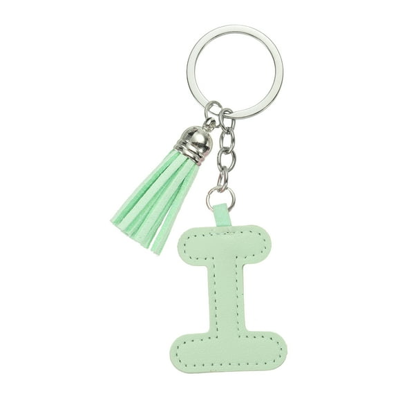 Alphabet Initial Letter Keychain, Cute Leather Keychains with Tassel Letter I Pendant Charm, Light Green