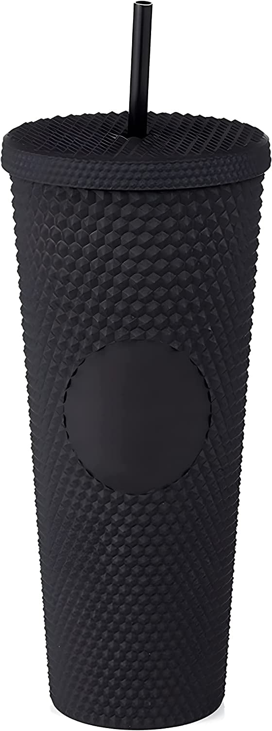 24oz Reusable Double Wall Studded Cup Iced Coffee Cups with Lids-Casewin Matte Black Studded Tumbler with Straw and Lid,BPA Free Acrylic Travel Tumbler Water Cup