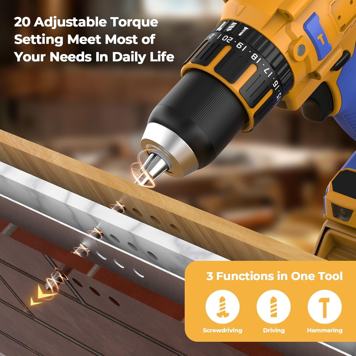 Cordless Drill Compatible with Dewalt 20V Max Battery(No Battery), Electric Hammer Drill with Brushless Motor, 1/2" Keyless Metal Chuck,4pcs Bit Drill Set for Drilling Brick Wall, Metal, Wood, Screws