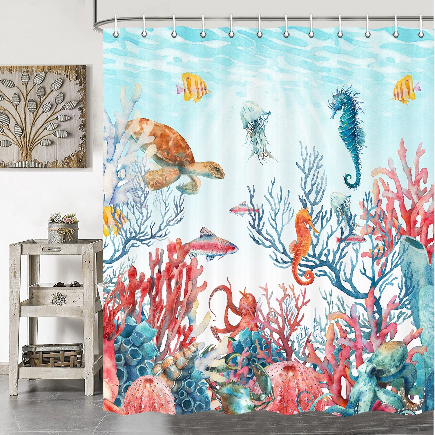 Nautical Beach Shower Curtain, Sea World Blue Ocean Shower Curtain, Coral Sea Horse Turtle Octopus Shower Curtain Sets, Underwater Marine Life Themed Bathroom Decor Bath Curtain with Hooks,70X70in