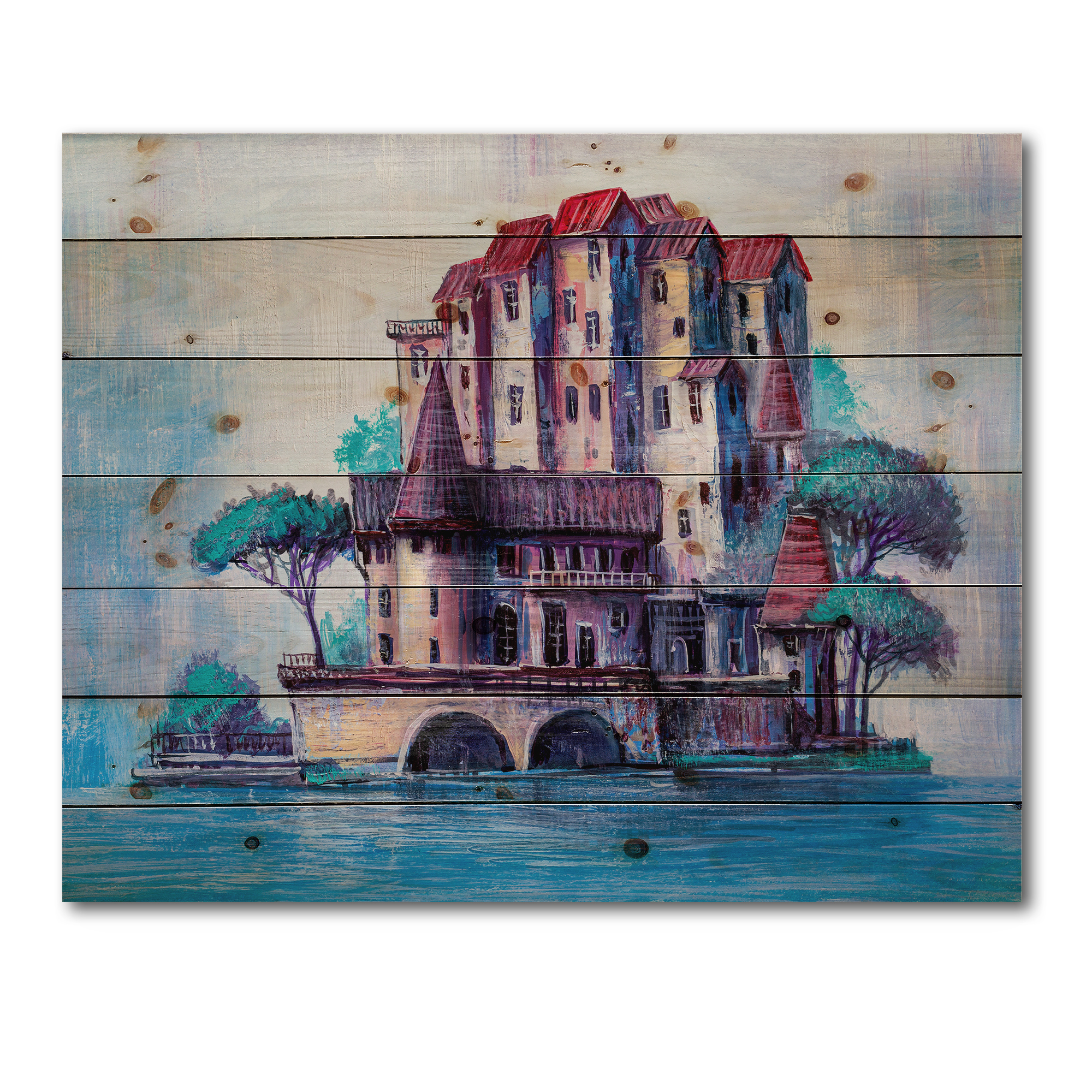 Designart 'Ancient City Skypscrapers By The Bridge' Traditional Print on Natural Pine Wood