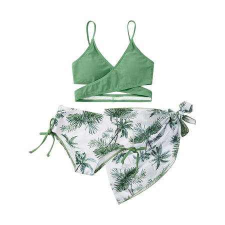 8-12T Little Girl s 3 Pieces Bikini Kids Wrap Criss Cross Swimsuit Print Swimwear with Cover Up Beach Skirt