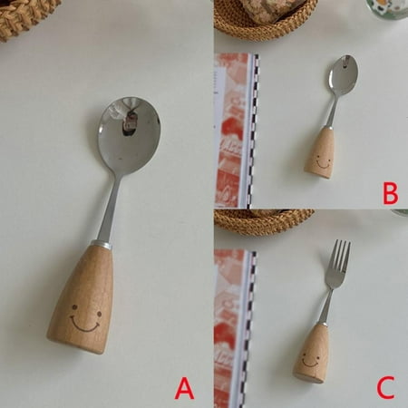 

3pcs Fork Spoon Set Stainless Steel Fork Spoon Smile Face Handle Fork Spoon Steak Fork Dessert Fruits Fork Rice Spoon Mixing Spoon Wooden Stainless Steel Tableware