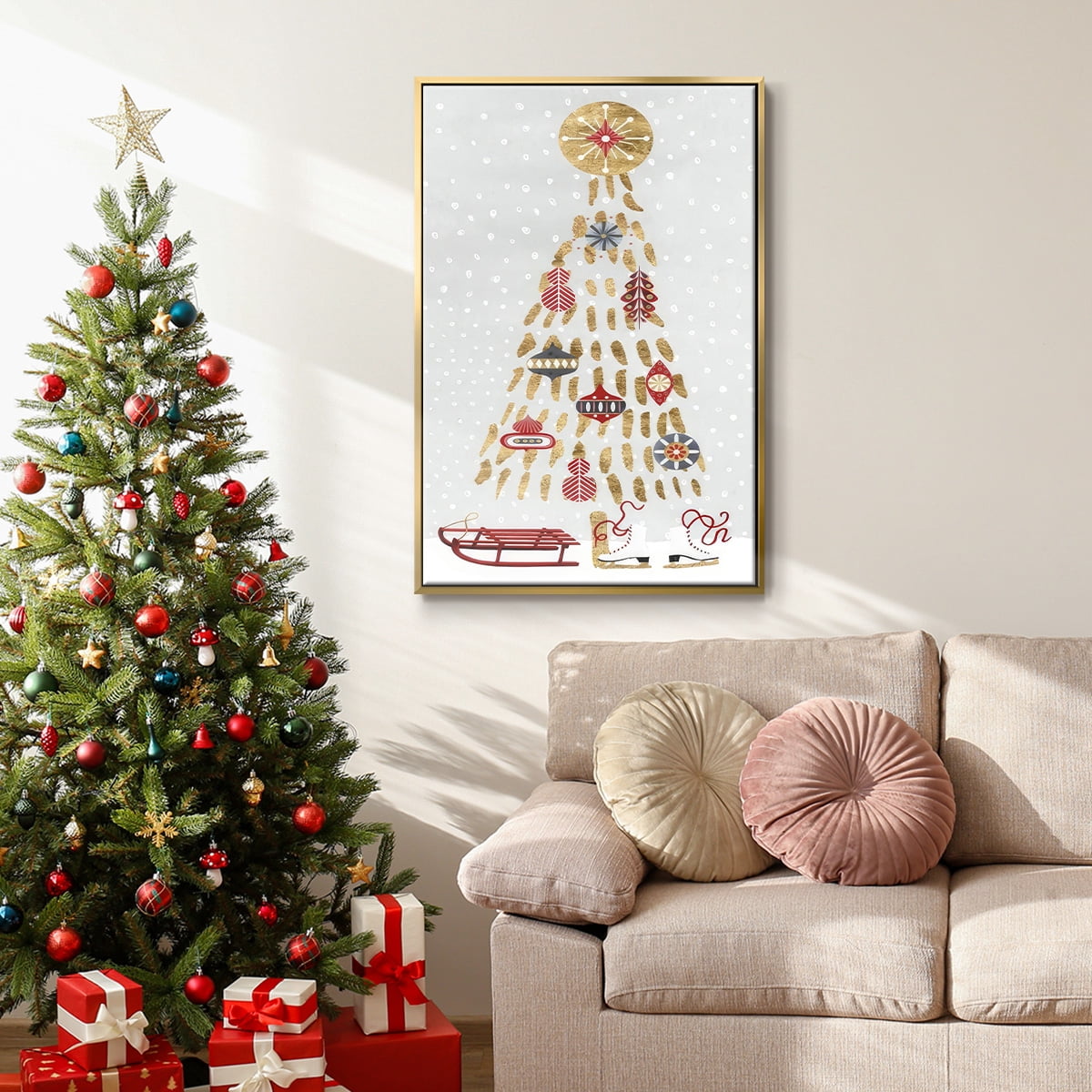 Christmas Chalet Collection B - Framed Gallery Wrapped Holiday Canvas - 25 x 37 - Gold Frame