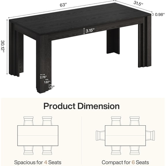 63-Inch Farmhouse Dining Table for 4-6 People, Large Rectangular Kitchen Table with Sturdy Legs