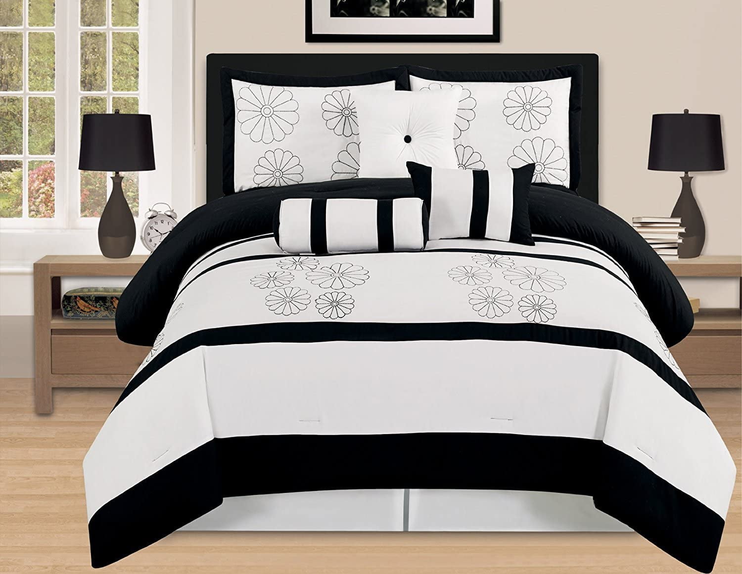 7Piece Embroidery Queen Comforter Set, Black and White