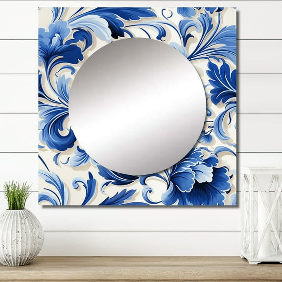 Designart "Majestic Scrolls Of Cobalt III" floral Square Mirror Wall Decor Cottage - Large Blue Square Bathroom Mirror - Square Printed Wall Mirror Art
