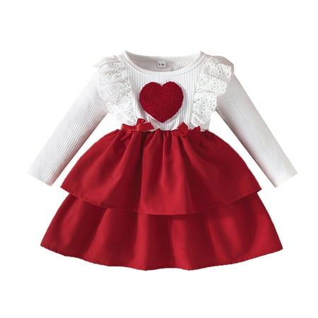 

Zhuashum Dress For Girls 12-18 Months Toddler Lace Ruffles Long Sleeves Prints Bowknot Ribbed Fashion Dress Clothes Fashion Playsuit Red