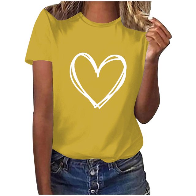 Diufon Hauts de la Saint-Valentin pour Femmes Tunique Décontractée à Manches Courtes Col Rond Chemise Tendance Mignonne Imprimée Graphique