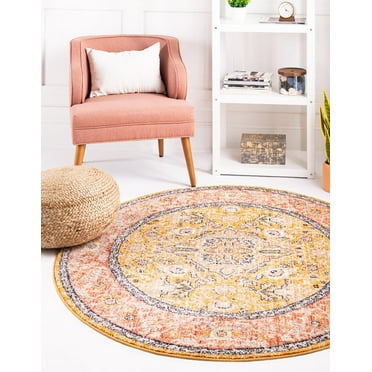 Rugs.com Lola Collection Rug – 4 Ft Round Yellow Medium Rug Perfect For Kitchens, Dining Rooms
