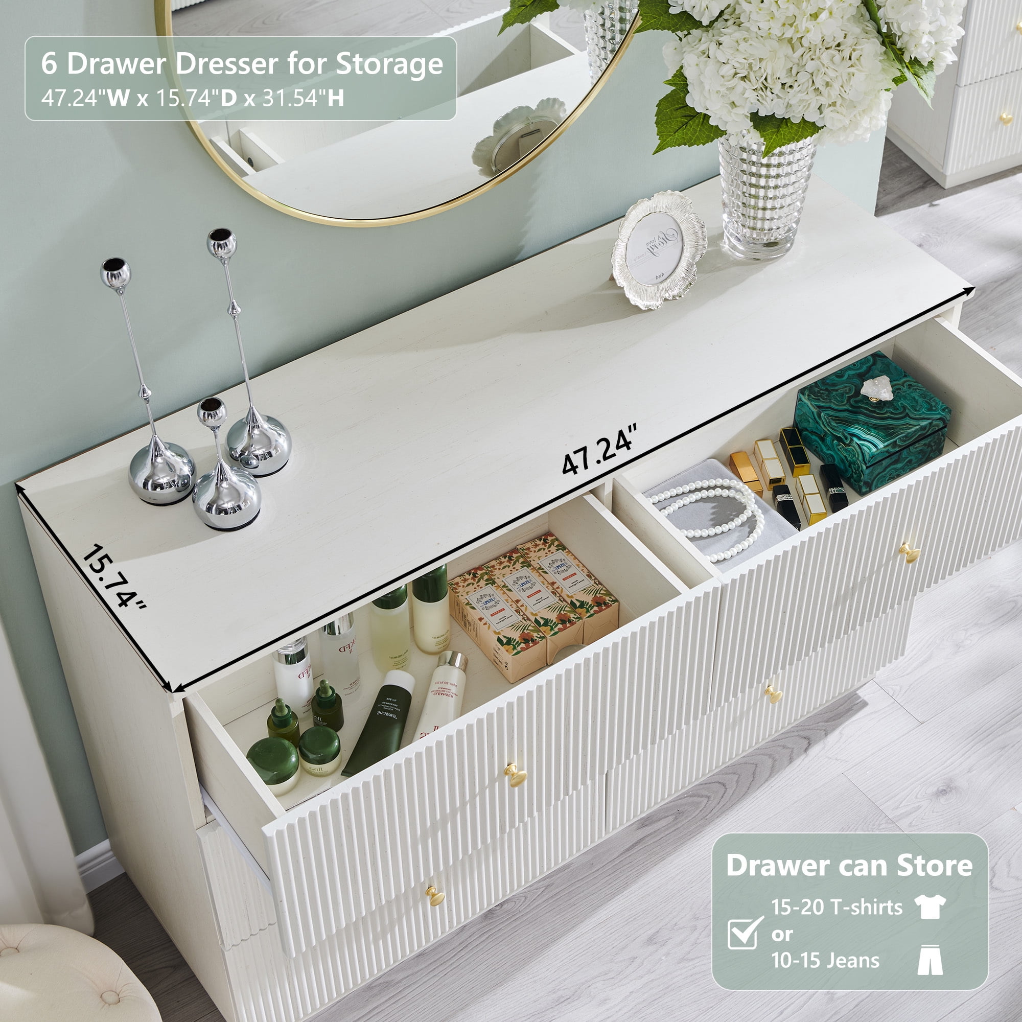 wow97e Fluted 6 Drawers Dresser, Wood 47" Tall Chest of Drawers with Deep Storage, Modern Bedroom Chest for Closet Hallway, Entryway, Living Room
