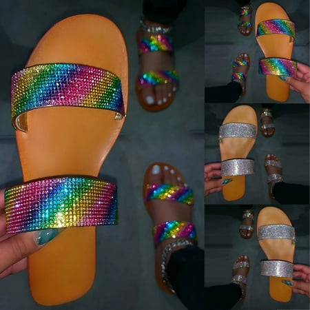 

CFXNMZGR Dearfoams Slippers For Women Summer Womens Flip-Flops Sandals Crystal Roman Flats Slippers Casual Beach Shoes