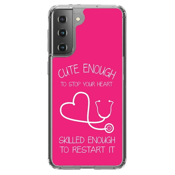 DistinctInk Clear Shockproof Hybrid Case for Galaxy S21 5G (6.2" Screen) - TPU Bumper, Acrylic Back, Tempered Glass Screen Protector - Hot Pink Nurse Stethoscope Heart - Support for Nurses